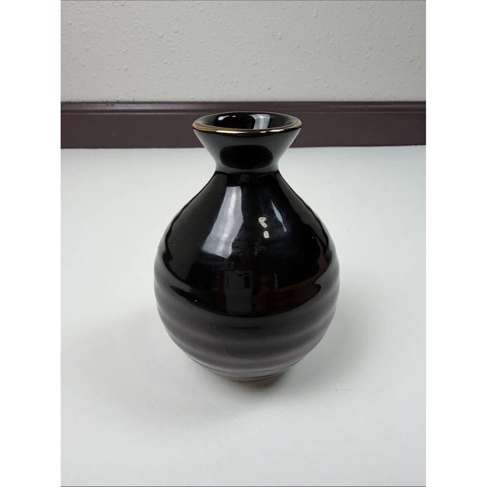 Vintage Black Floral Bud Vase Japan Hand Painted Pink Flowers Gold Trim Ceramic